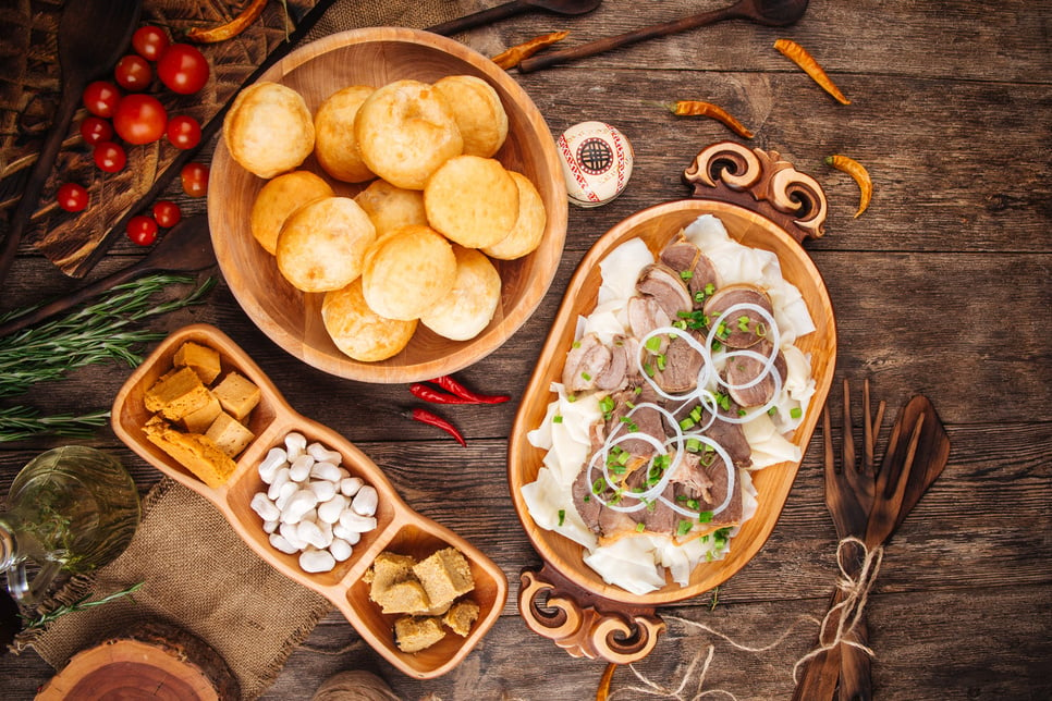 Kazakh beshbarmak with horse meat and baursaks