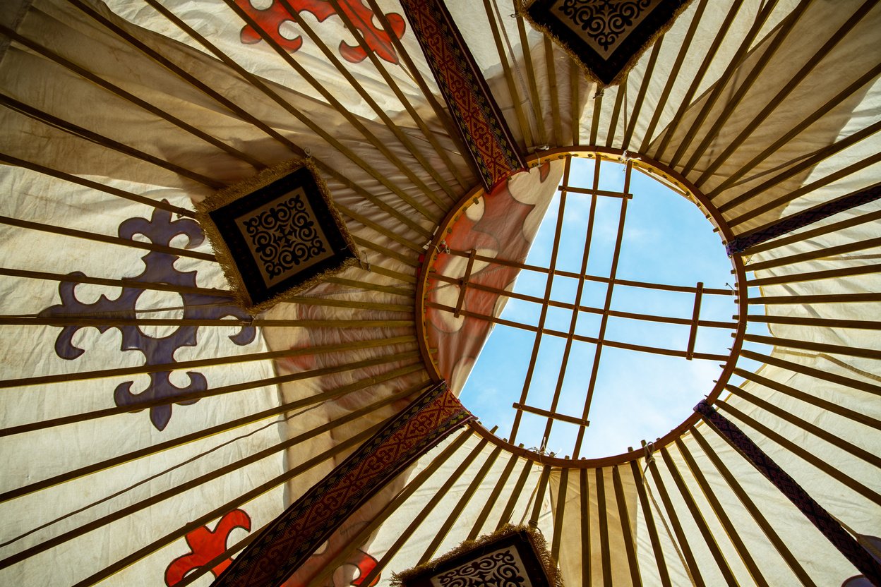 Shanyrak with Kazakh national ornament, bottom view from Kazakh national dwelling Yurt